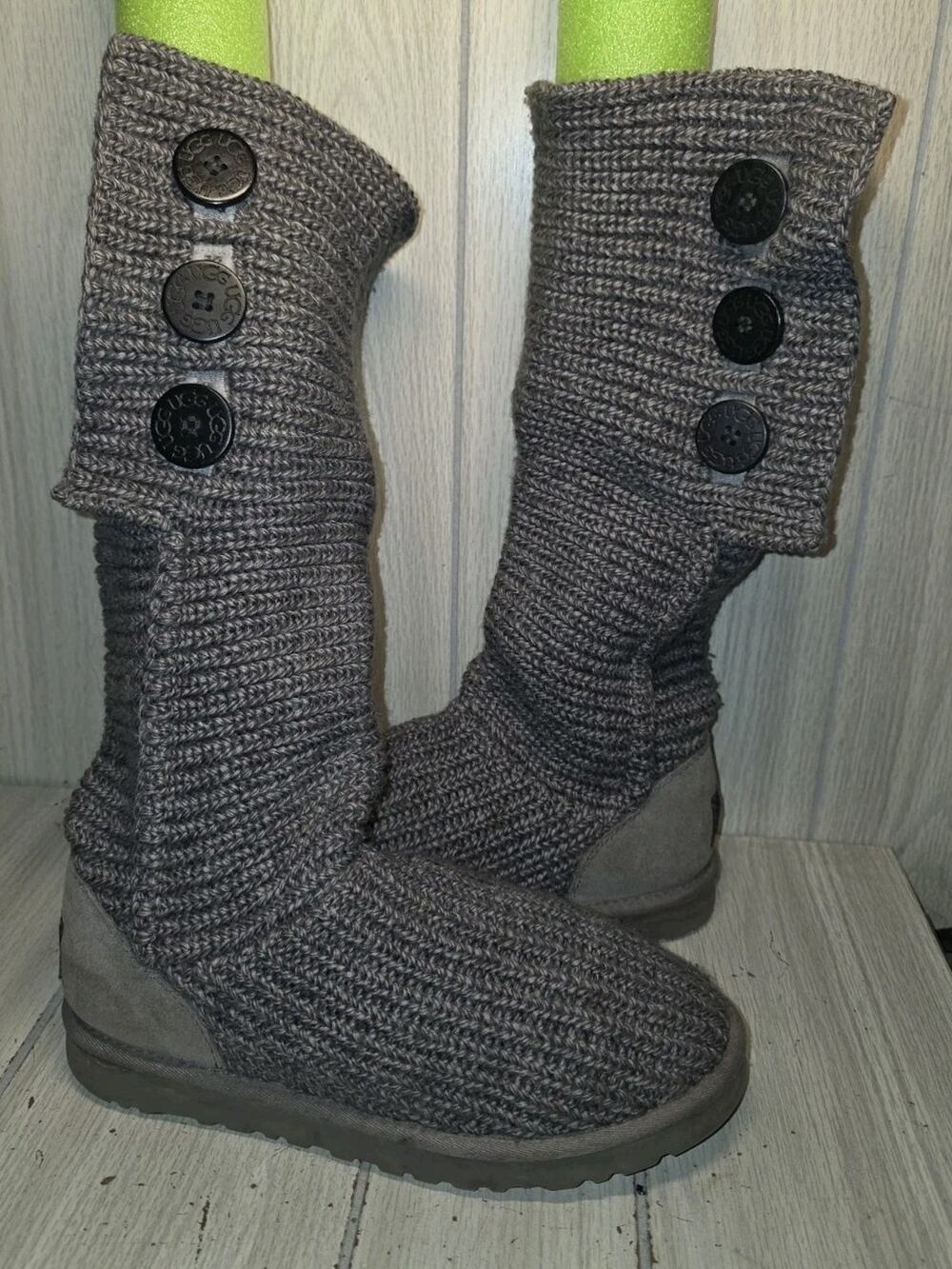 UGG Cardy Sweater Boots Knit Womens 8 Tall Fold-Over Gray Buttons 5819
